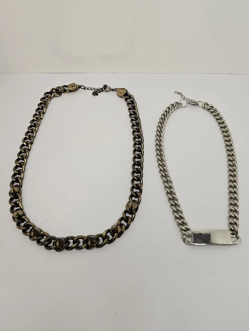 Set of 2 Chunky Curb Chain Necklaces Silver ID Bar & Bronze Punk Spike